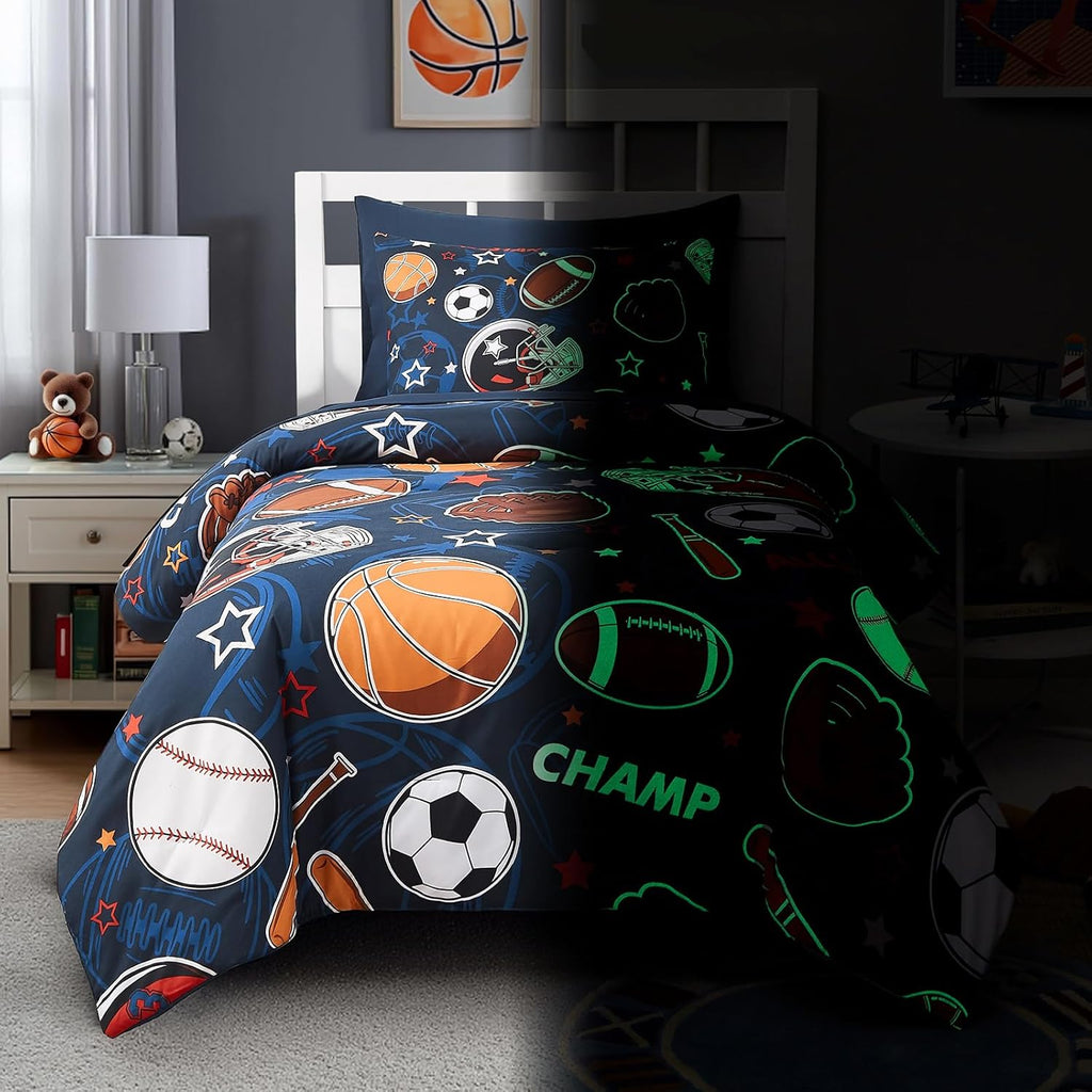 Comforter Set for Boys-5 Pieces Sports Ball Games Glow in the Dark Bedding Sets for Kids, Soft Bed in A Bag