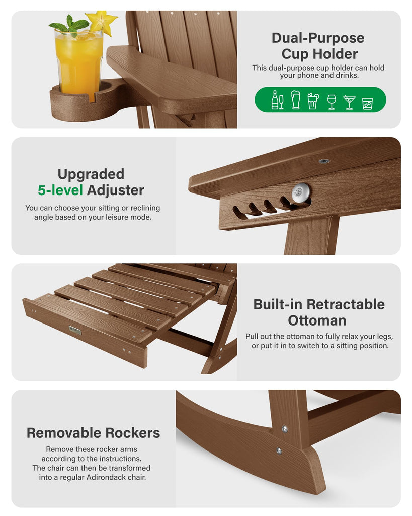 Adirondack Rocking Chairs, with Footrest, 5-Level Adjustable Backrest