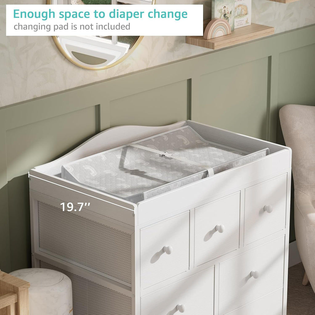 Changing Table Dresser with Storage, Baby Dresser with Changing Table Top Diaper Changing Station with 7 Fabric