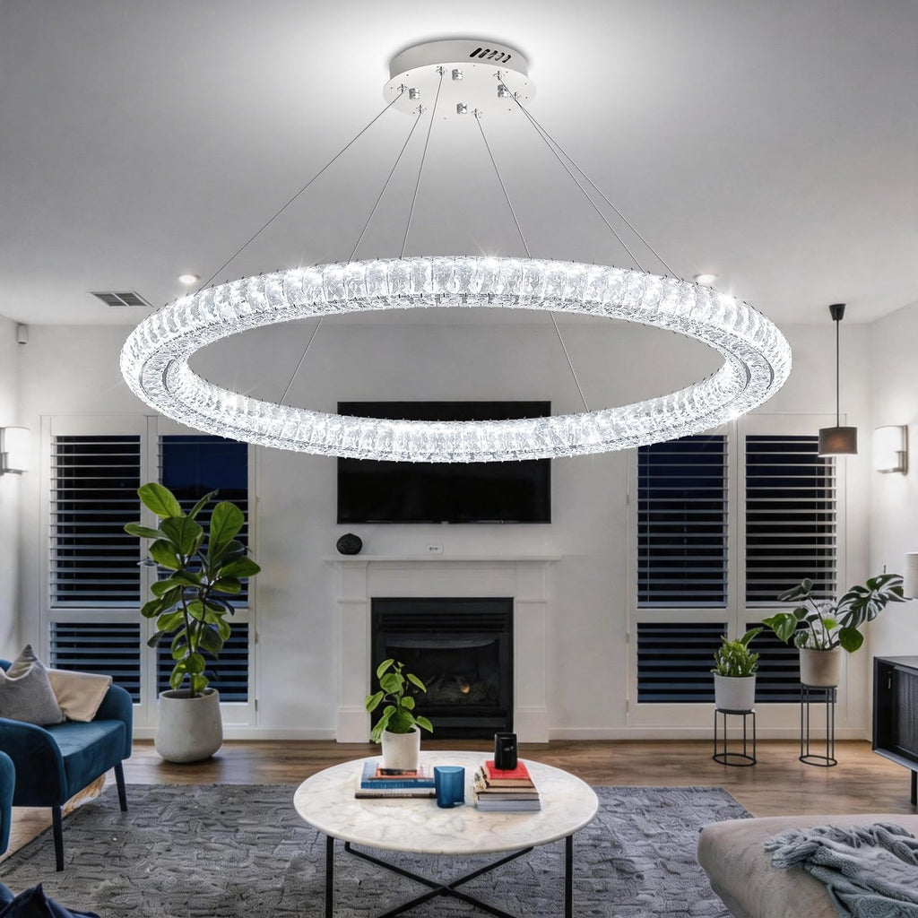 Modern LED Crystal Ring Chandelier Dimmable 47.5" Ring Pendant Light Adjustable Round Crystal Chandelier Light Living