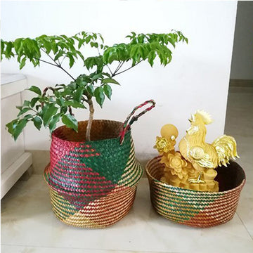 Natural Seagrass Basket - BESTCHANCEUS Seagrass Belly Basket with Handles Handmade Foldable Tote Basket for