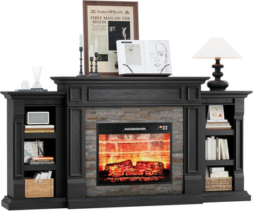 72" Electric Fireplace with Mantel, Fireplace TV Stand for TVs Up to 80 Inch, Modern Entertainment Center with Storage, Realistic 3D Flame Effect and Stacked Stone Surround Design for Living Room