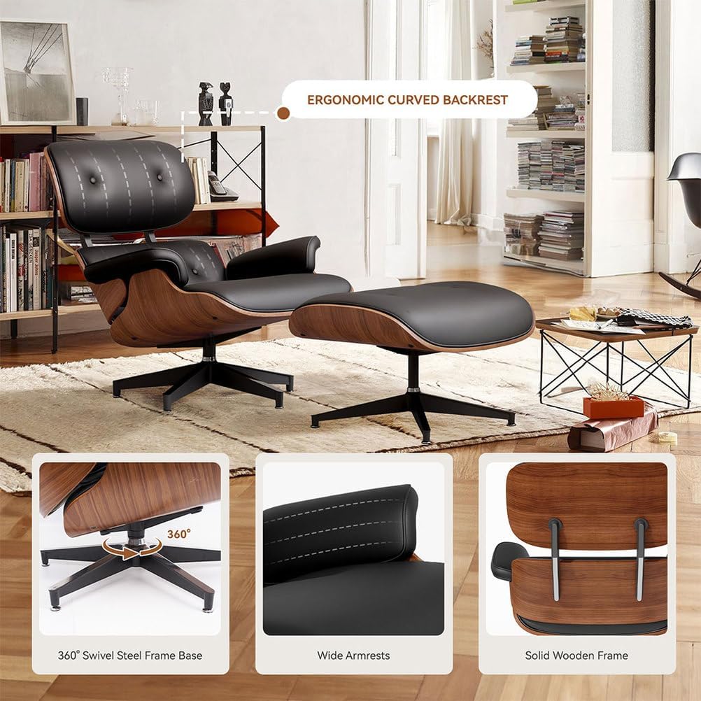 Modern Reclining Swivel Lounge Chair and Ottoman — Black Leather
