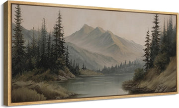 Extra Large Framed Canvas Print Wall Art Mountain Forest Landscape Misty Pine Trees and Lake Scene Illustrations