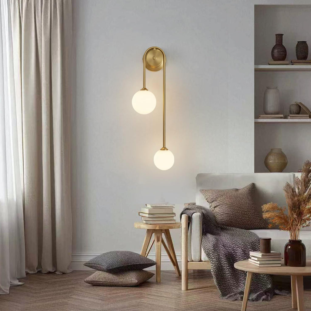 Golden Wall lamp Double Ball, mid-Century Modern Glass Wall sconces,with G9 Tricolor Bulb for Living Room Bedroom