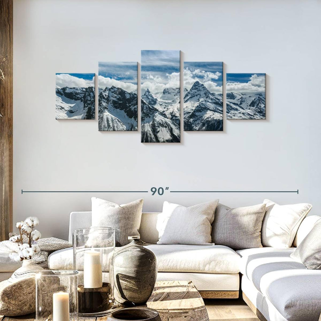 Rocky Mountains Wall Art Multi Piece Canvas - 5 Panel Nature Wall Decor - Snowy Scenery of the Pine Forest and