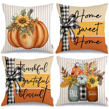 Fall Pillow Covers 18x18 Inch Set of 4, Pumpkins Mason Jars Home Sweet Home Striped Seasonal Decorative Throw Pillows