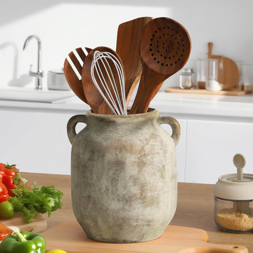 Ceramic Flower Vase Home Decor - 7.6 Inch Farmhouse Rustic Table Vases with Handle Living Room Decoration Decorative