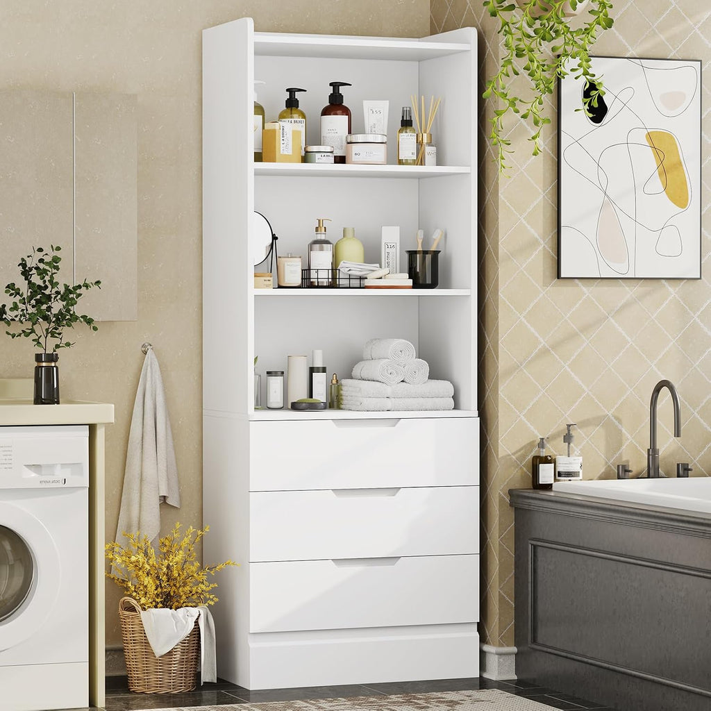 73.23'' Tall Storage Cabinet Bookcase with 3 Drawers and 3-Tier Open Shelves Wooden Bookshelf Kitchen Pantry Storage