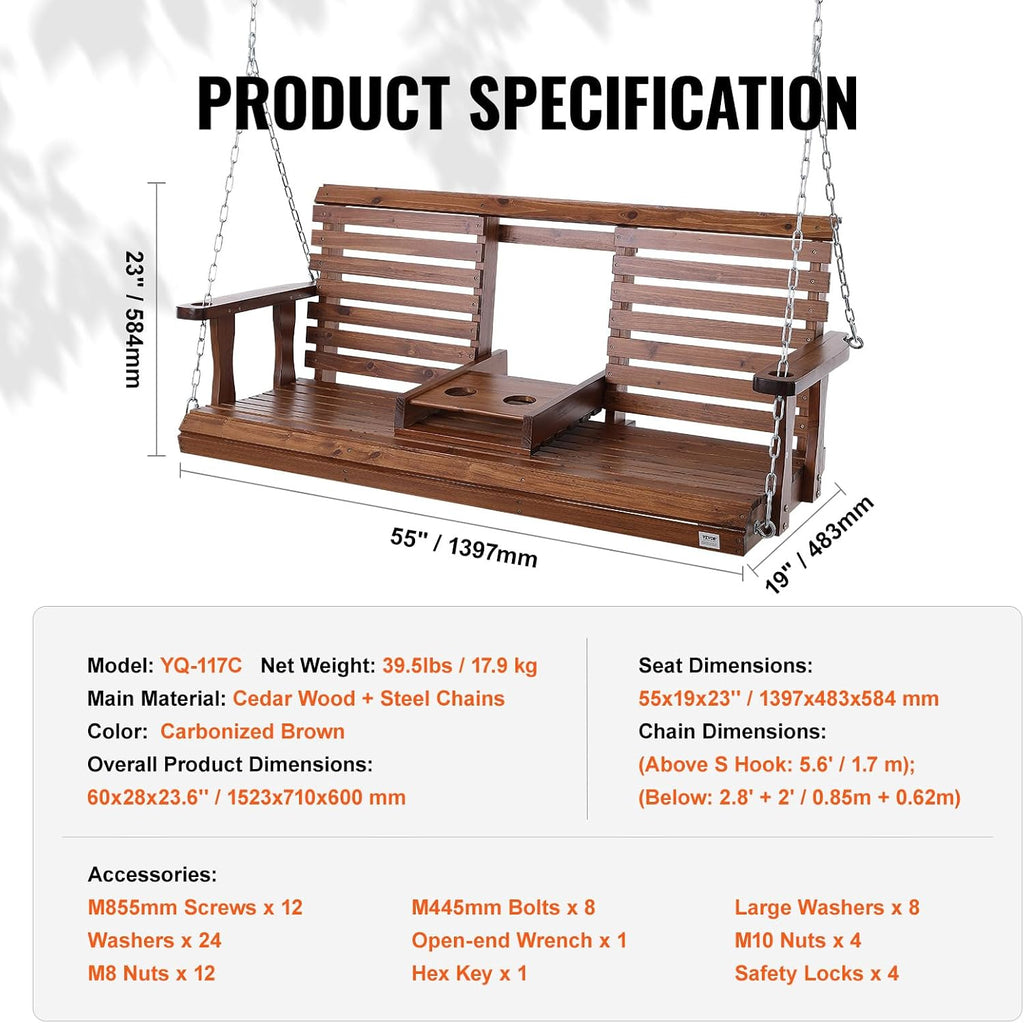 Wooden Porch Swing 5 ft, Patio Bench Swing for Courtyard & Garden, Upgraded 880 lbs Strong Load Capacity, Heavy Duty
