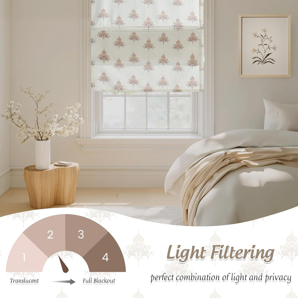 Cordless Floral Roman Shades for Windows, Magnetic Linen Textured Light Filtering Blind Vintage Elegant Print Window