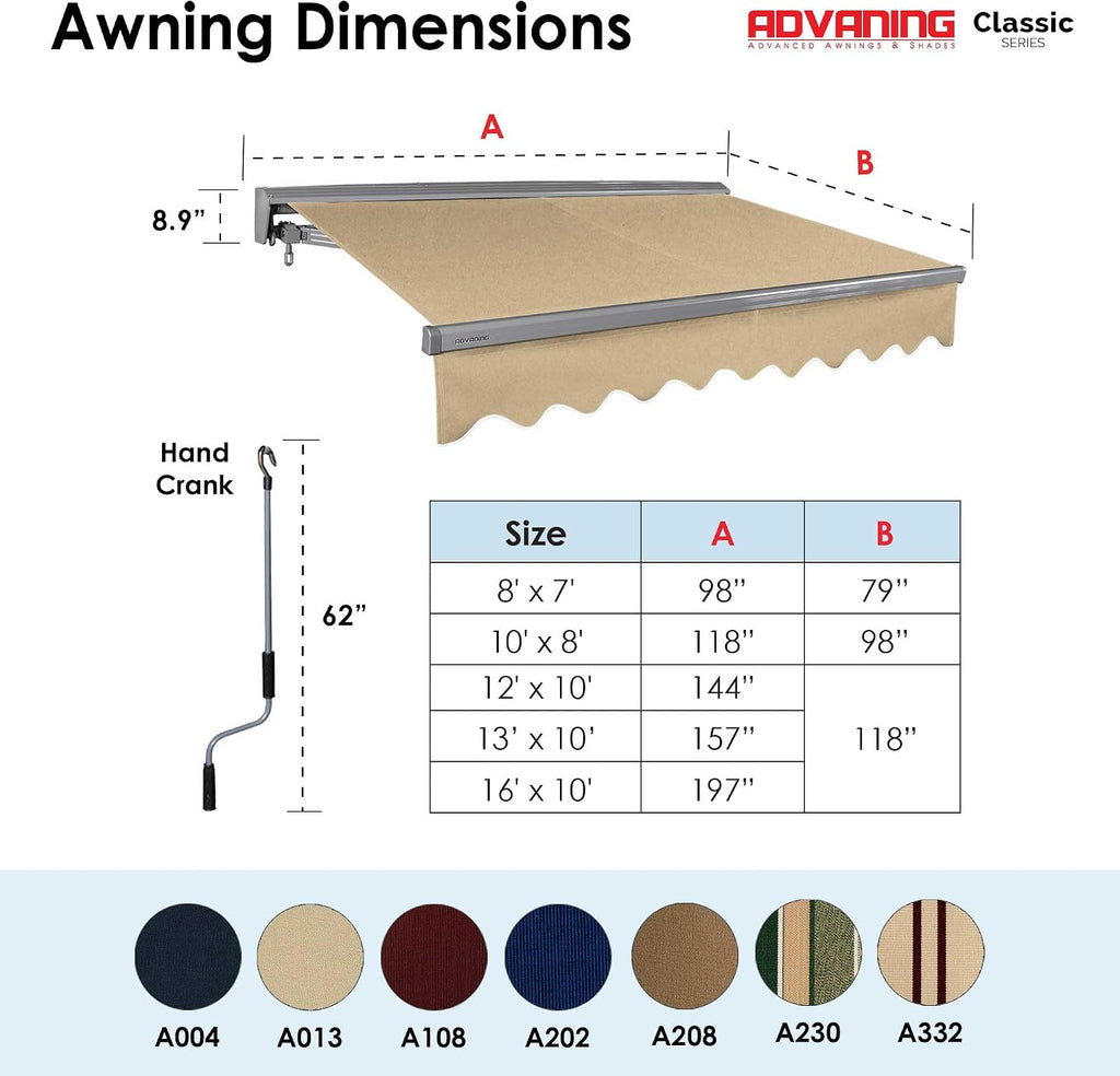 Classic Series 16'X10' Electric Retractable Awning, 100% Acrylic UV+ Sun Shade Canopy, Light Taupe (Solid)