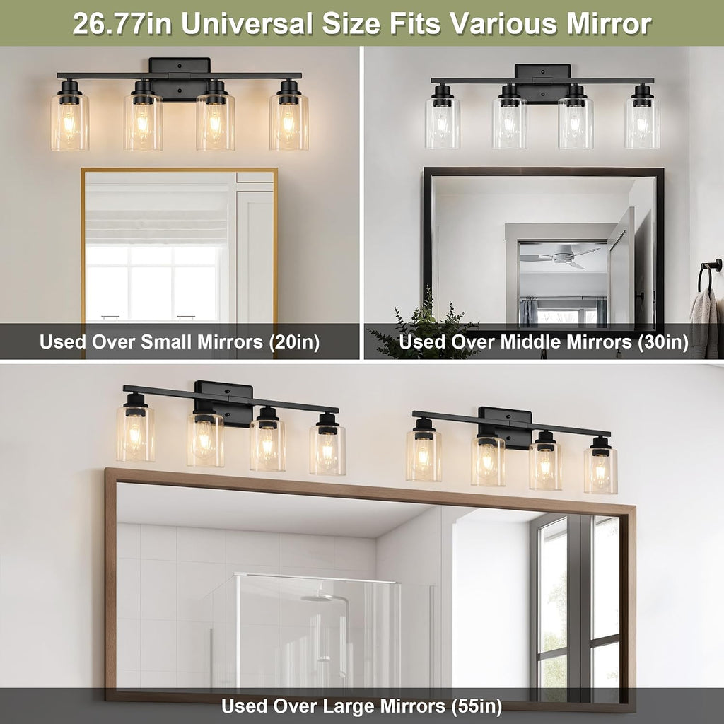 Modern Bathroom Light Fixtures, 4 Light Vanity Lights Over Mirror, Black Wall Lamp with Clear Glass Cabinet Bedroom