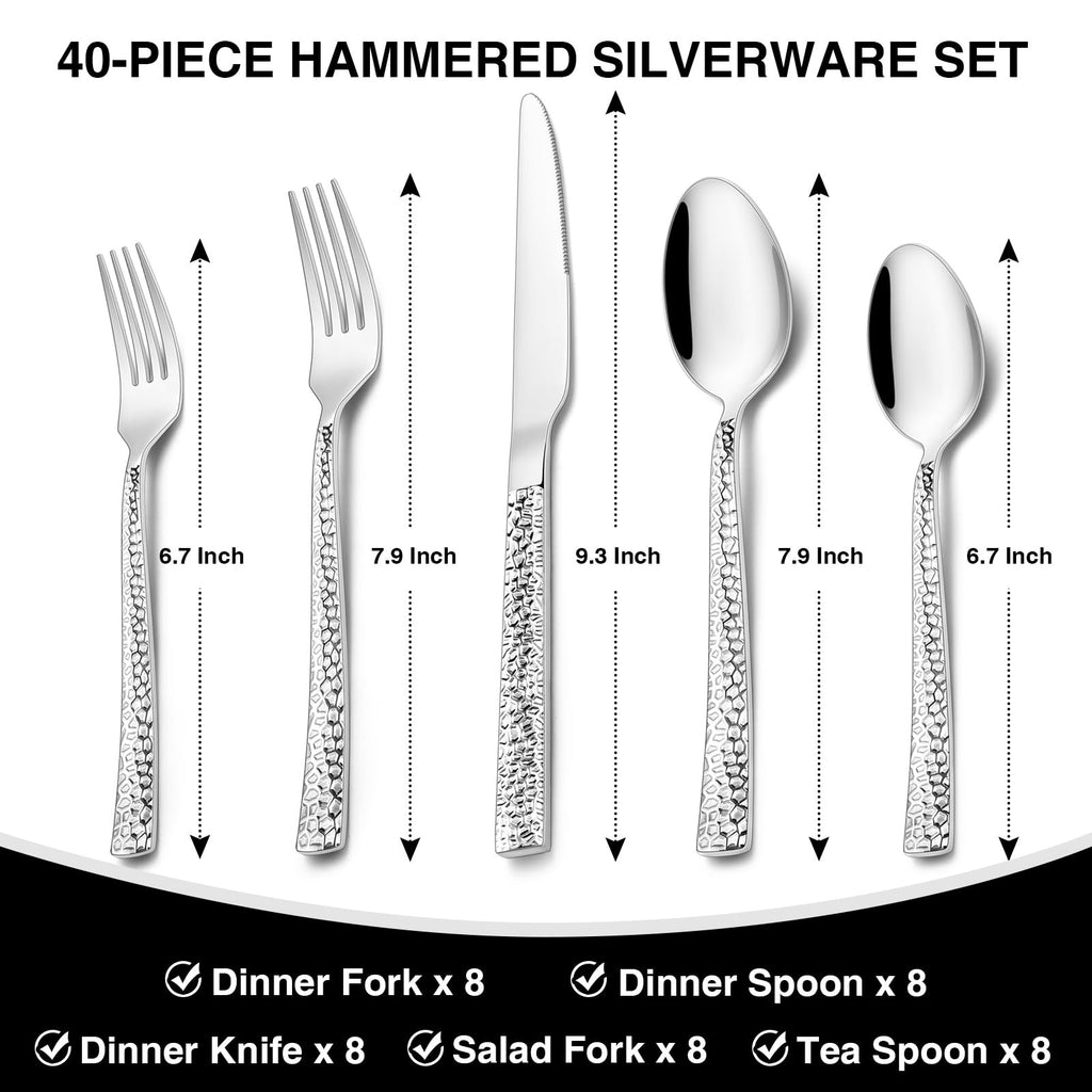 Hammered Silverware Set, 40-Piece Stainless Steel Square Flatware Set for 8, Food-Grade Tableware Cutlery Set