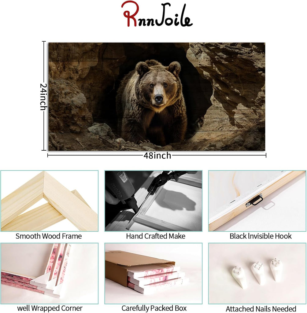 Bear Wall Art Vintage Wildlife Pictures Canvas Art Rustic Cabin Wall Decor Framed 20"x40"