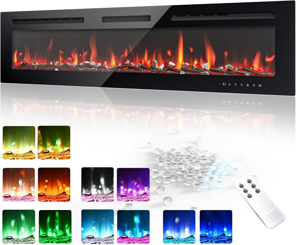 60 Inch Electric Fireplace Wall Recessed and Wall Mounted with Adjustable Flame Color, Fireplace Heater with Remote Control, Linear Fireplace with Timer, Touch Screen, Log & Crystal, 750/1500W A132-B0DLZ9P3M6