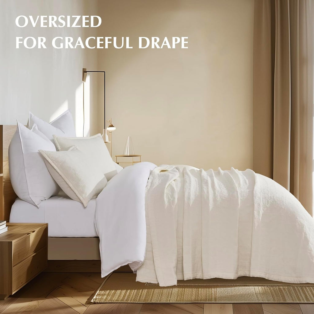 Cotton Quilt Set King, Ultra Soft Oversized Bedspread Coverlet Set, Lightweight Crinkle Box Stitch