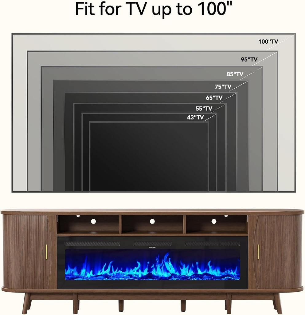 97" Fireplace TV Stand for 100" TV, Mid Century Modern Entertainment Center with 60" Electric Fireplace, Media