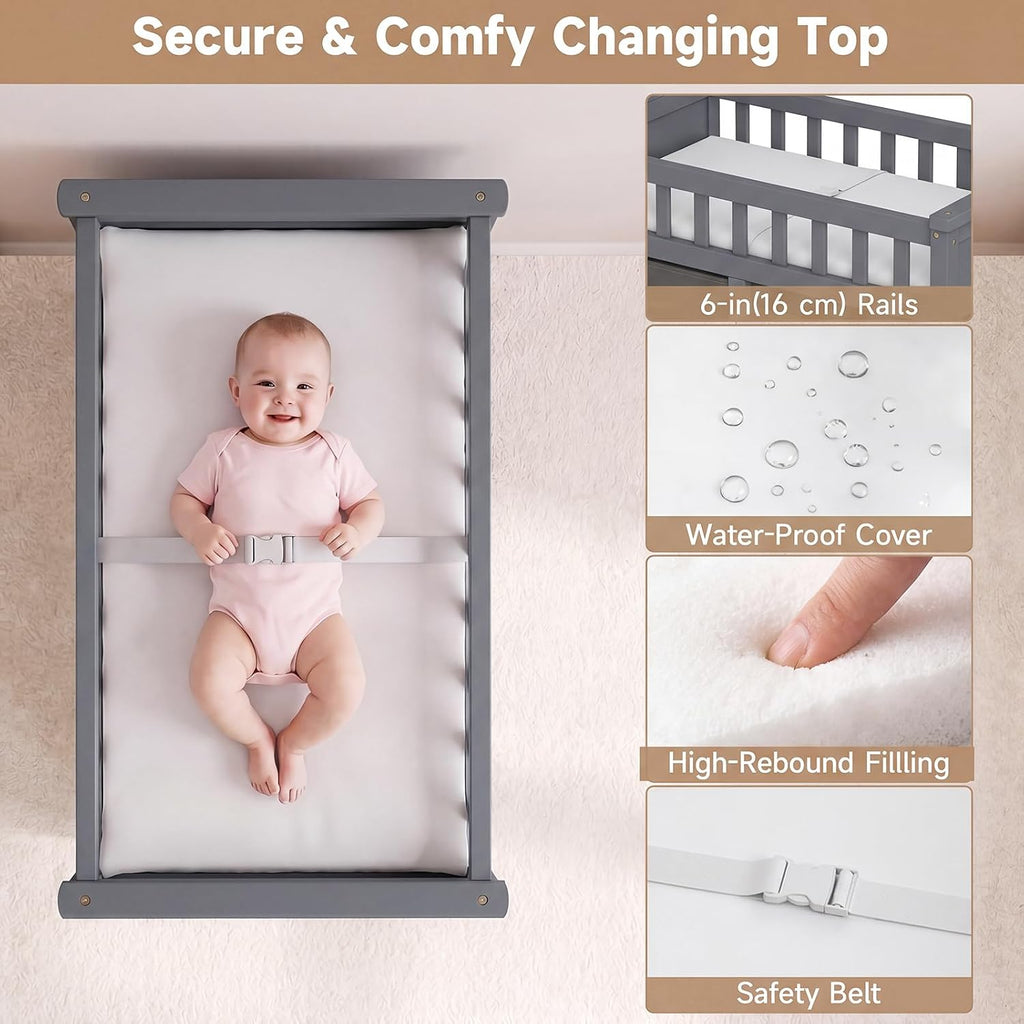 Wooden Baby Changing Table with Comfy Changing Pad, 3 Fabric Drawers, Laundry Hamper, Safety Belt, Diaper Station