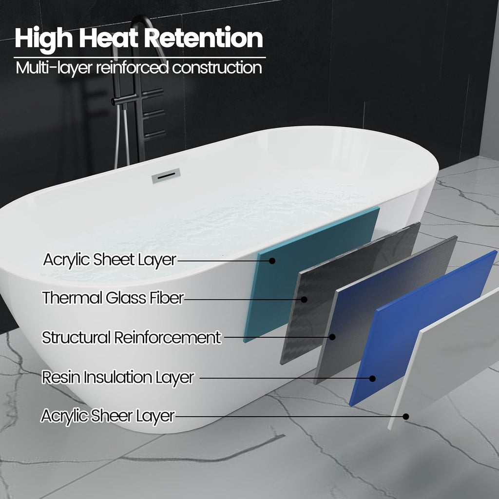 Freestanding Bathtubs 67 inch Acrylic Stand Alone Tub - White Finish with Chrome Drain, Deep Ergonomic Oval Soaking