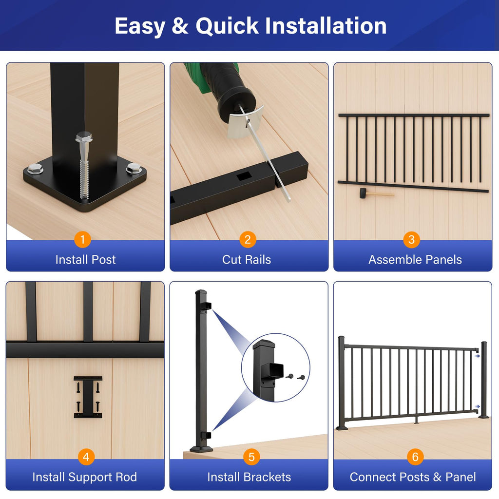 36in x 6ft Modular Aluminum Deck Railing Kit, Patented Clip-On