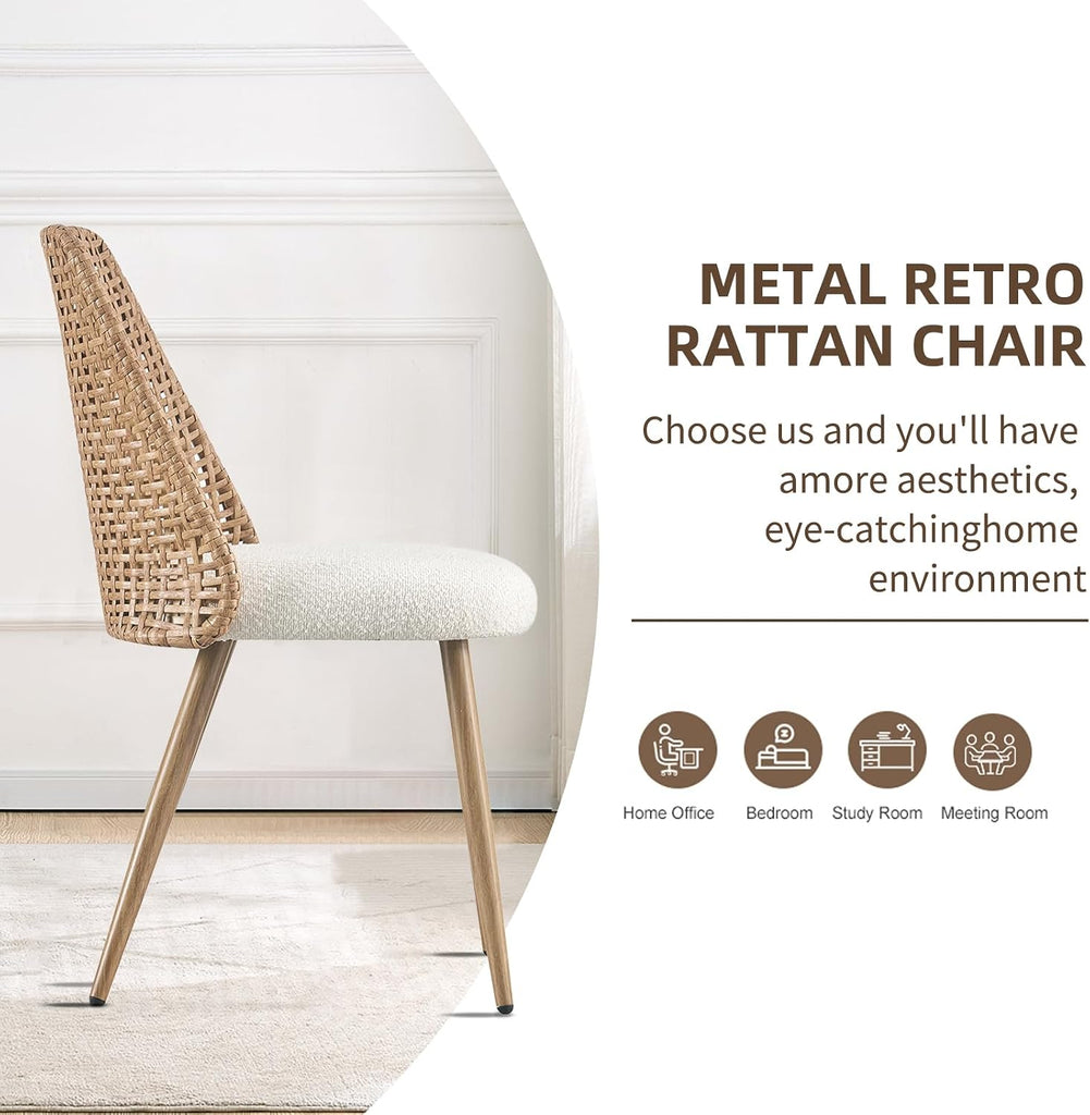 Rattan Dining Chairs Set of 4, Rattan Dining Chairs with Cane PE Rattan Backrest,Upholstered Boucle Fabric Dining