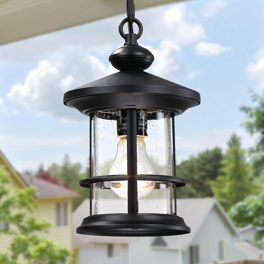 Vintage Hanging Porch Lantern, Matte Black Outdoor Pendant Light with Seeded Glass