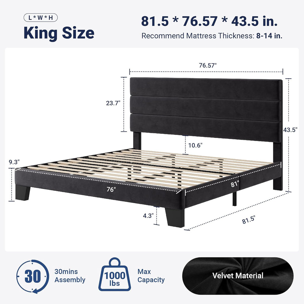 King Platform Bed Frame with Velvet Upholstered Headboard and Wooden Slats Support