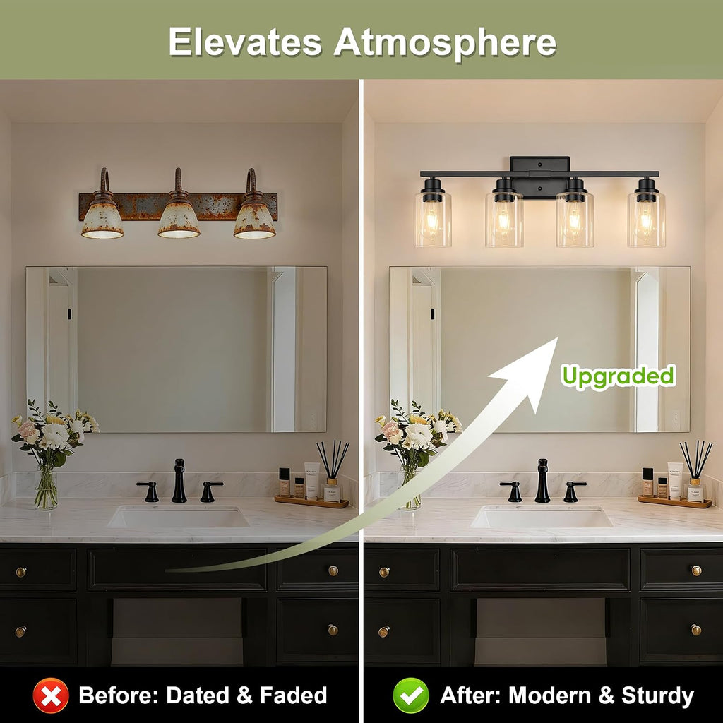 Modern Bathroom Light Fixtures, 4 Light Vanity Lights Over Mirror, Black Wall Lamp with Clear Glass Cabinet Bedroom