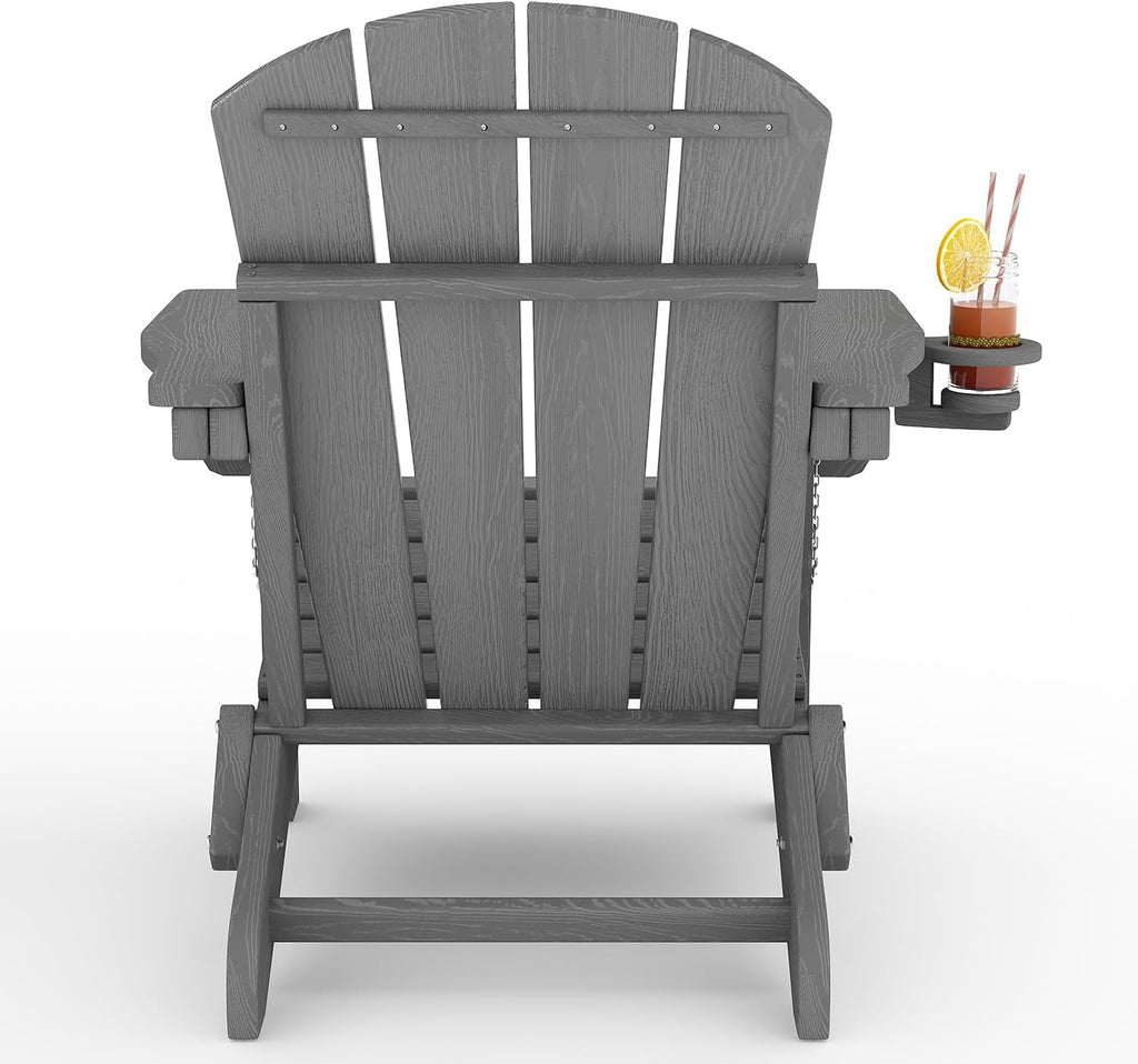 HDPE Folding Adirondack Chair Set of 2 with Side Table, Grey | All Weather Resistant Outdoor Chair with Wood Texture&