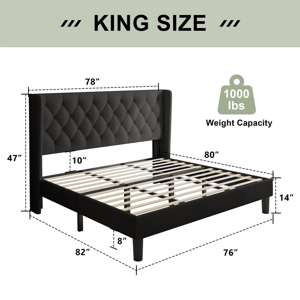 King Size Bed Frame with Wingback Tufted Headboard, Upholstered Platform Bed Frame with Heavy Duty Wooden Slats