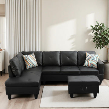 97" L-Shaped Sectional Sofa with Movable Chaise & Storage Ottoman, Leather 3-Piece Modular Convertible Couches, Black
