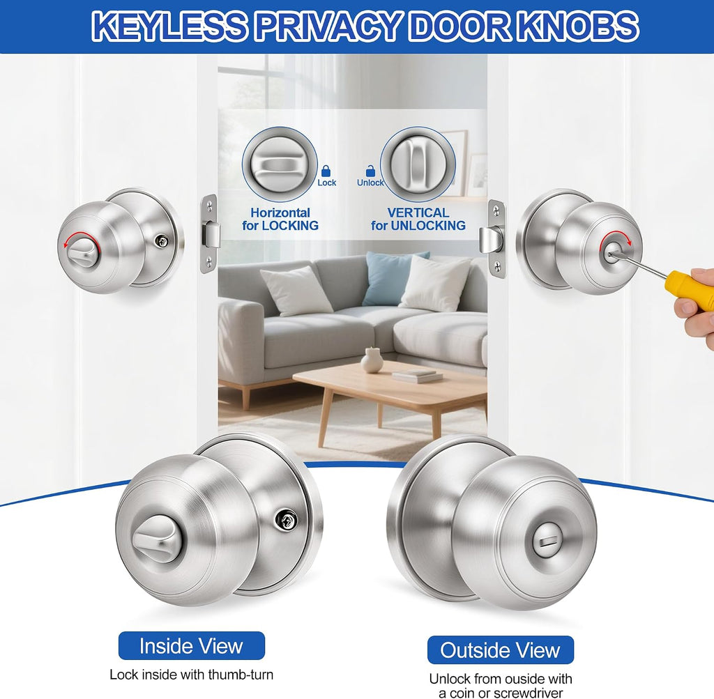 5 Pack Brushed Nickel Door Knobs,Privacy Door Knob with Lock, Interior Doorknobs Silver, Keyless Door Locks Set s