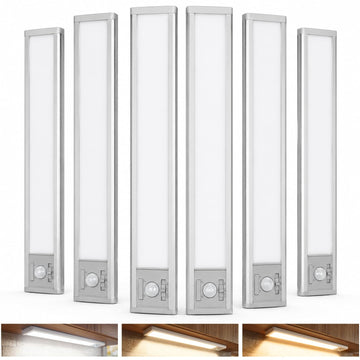 6Pack Aluminum Under Cabinet Lighting, 10inch Rechargeable Ultra-Thin Magnetic Motion Sensor Closet Lights, 3 Colors