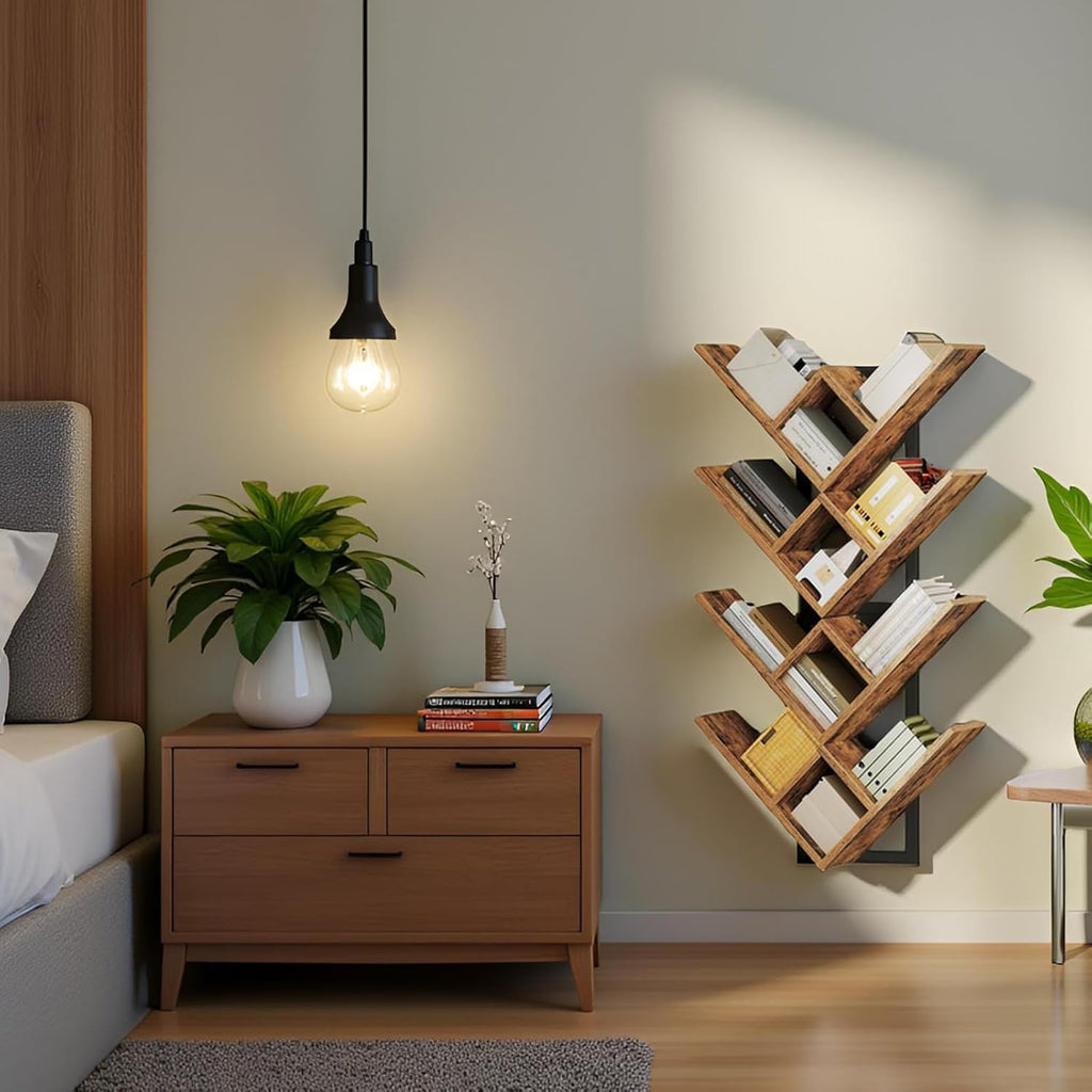 Floating Shelves for Wall, Set of 2 Wall Mounted Shelves, 2-Tier Wooden Tree Bookshelf, Hanging Shelves Storage Rack