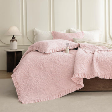 Stonewashed Quilt(120"x120"), Cotton Light Pink Ruffle Quilt Sets 3PCS Soft Flower