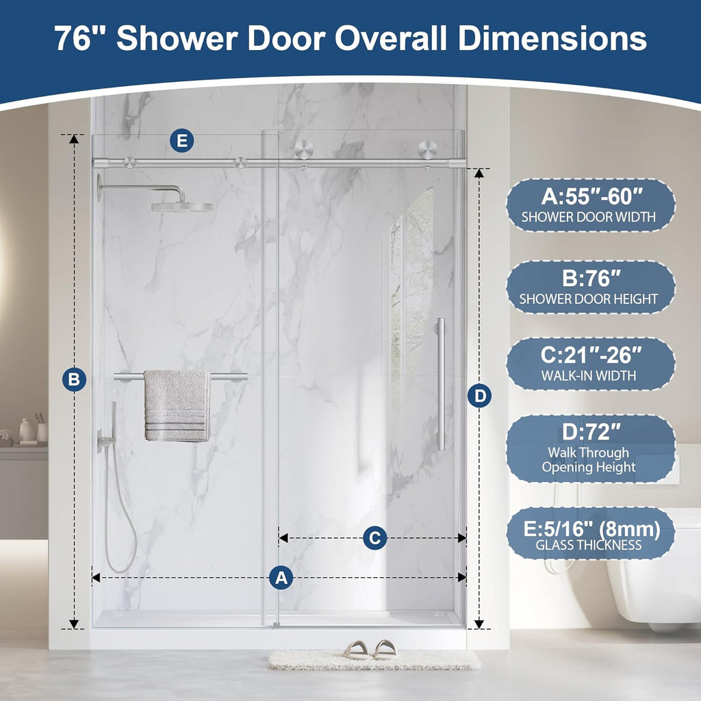 Frameless Shower Door, 5/16" (8mm) Glass Sliding Shower Door with Soft-Close & Anti-Leak