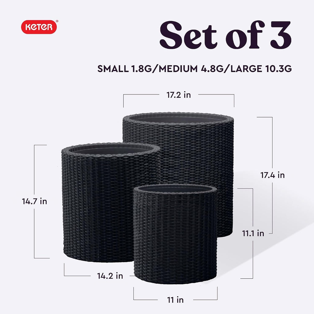 Cylinder Set of 3 Rattan Resin Planter for Indoor and Outdoor Plants Ideal Decorative Planter for Porches and Patio