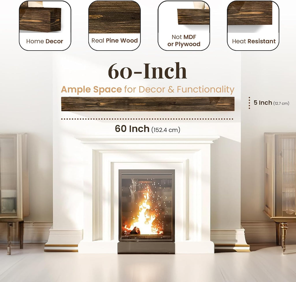 USA Made Real Wood - Handcrafted Farmhouse Wall Mounted for Over Fireplace Floating Shelf Mantle (Rustic, 60X8X5 Inch