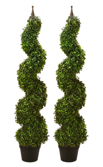 Two Pre-Potted 47" Artificial Outdoor Indoor Spiral Boxwood Artificial Topiary Trees. in Plastic Pot