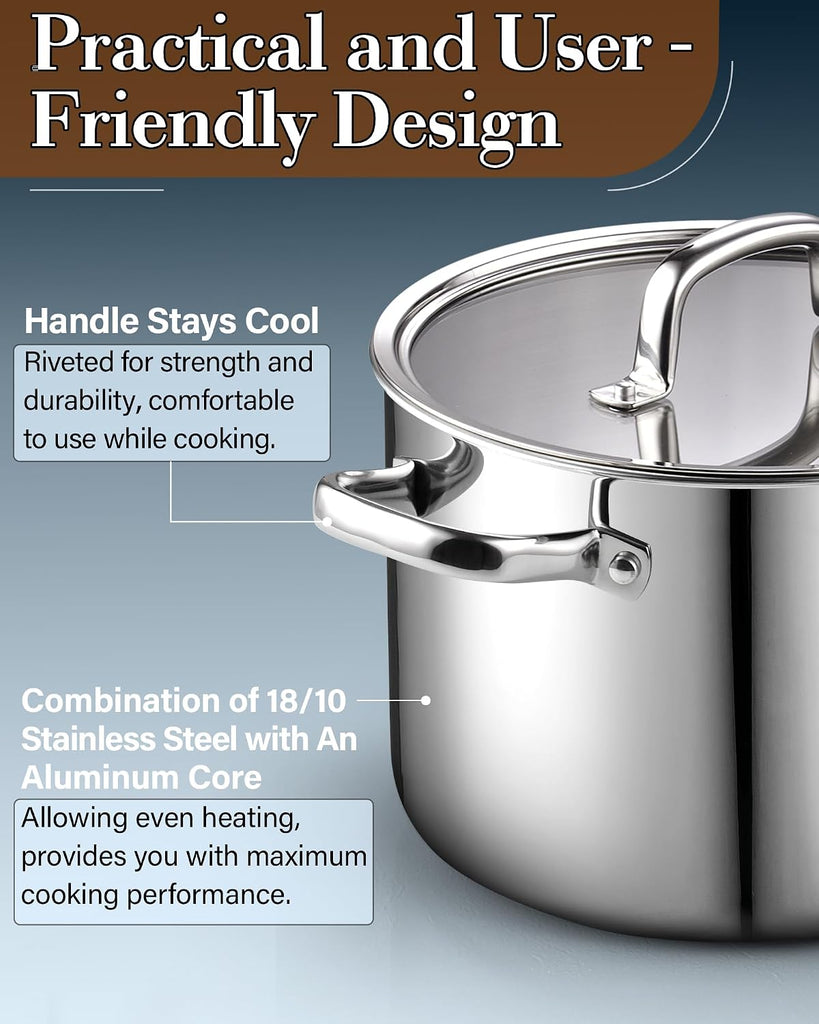 7-Piece Tri-Ply Clad Stainless Steel Cookware Pots & Pans Set | Fully Clad Stockpot & Saucepan with Lids, Fry Pan
