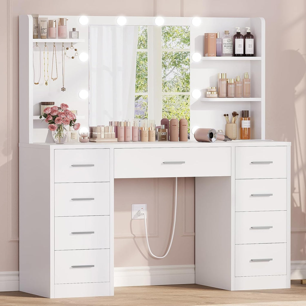 Vanity Desk with Mirror and Lights, Makeup Vanity with 9 Drawers, 4 Shelves & 5 Jewel Hooks, White Vanity with Outlet