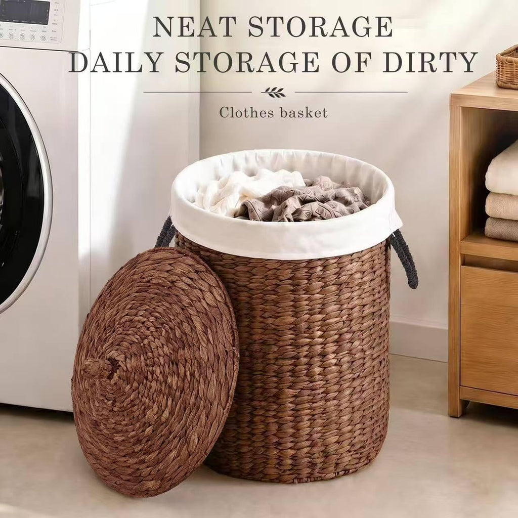 Round laundry hamper with lid, Handwoven Wicker Laundry Basket with Handles and Removable Liner for Dirty Clothes