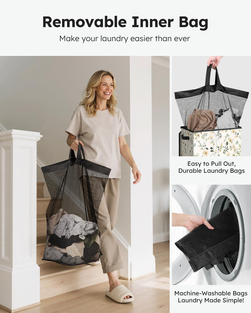 Laundry Hamper with Lid, 90L Tall & Large Floral Laundry Basket, Collapsible Clothes Hamper with Removable Bag, Dirty