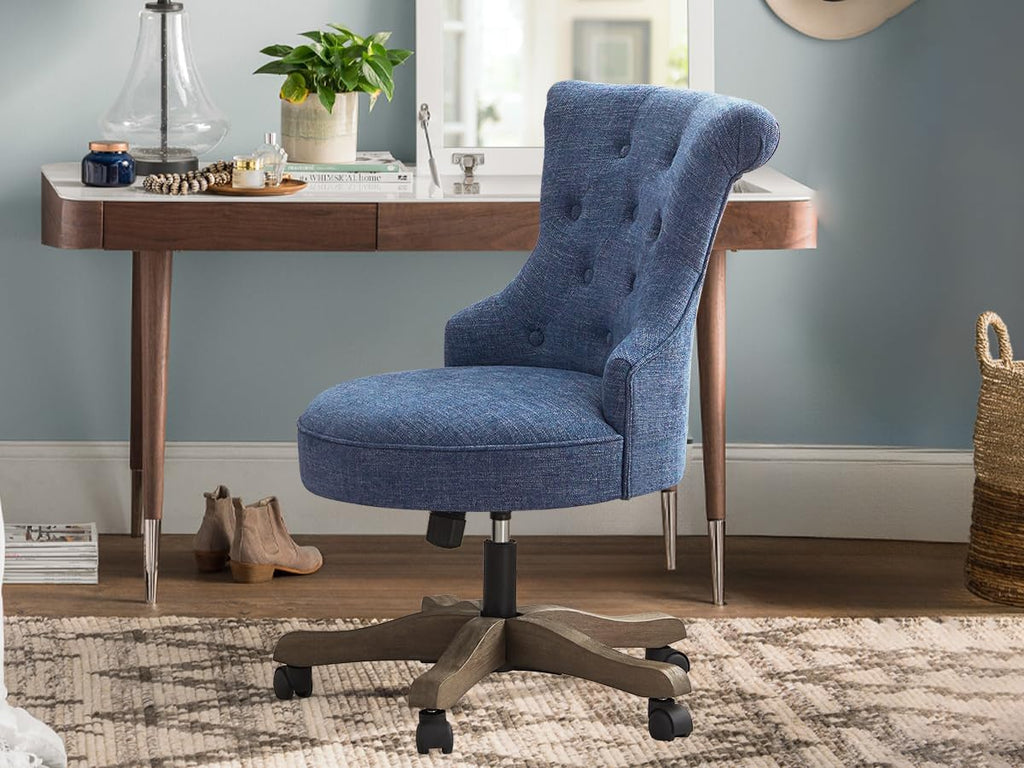Home Upholstered Armless Desk Chair with Wheels Adjustable Height Computer Desk Chair with Wooden Legs Linen
