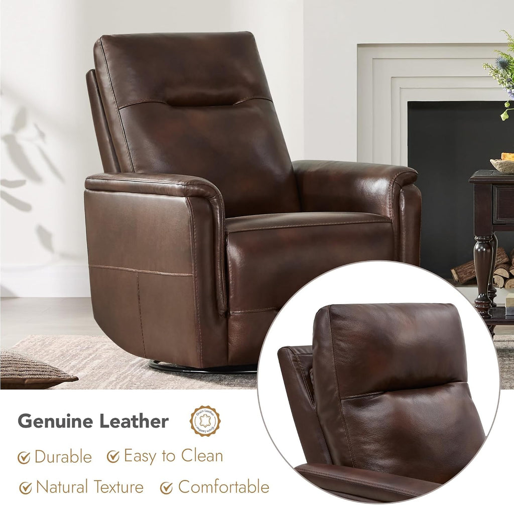 Genuine Leather Swivel Recliner Chairs for Adults, Electric Glider Rocker W Power Headrest USB-C Charger , Brown