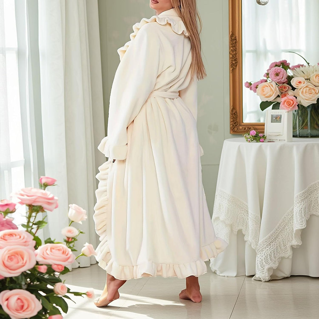 Fuzzy Robe for Women Cute Ruffle Plush Soft Long Sleeve Robes Fluffy Warm Fleece Long Bathrobe with Pockets