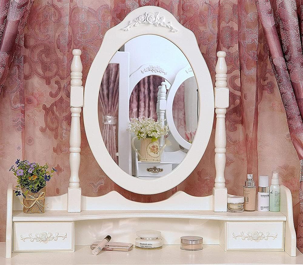 Vanity Table Set, 4 Drawers Makeup Table with Oval Mirror & Stool, Bedroom Wood Dressing Table White