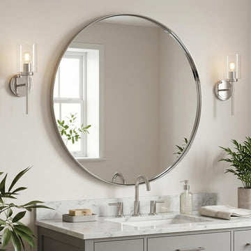 Round Vanity Mirror 40 Inch, Round Chrome Mirror, Large Circle Mirror, Metal Framed Vanity Mirror for Wall, Modern