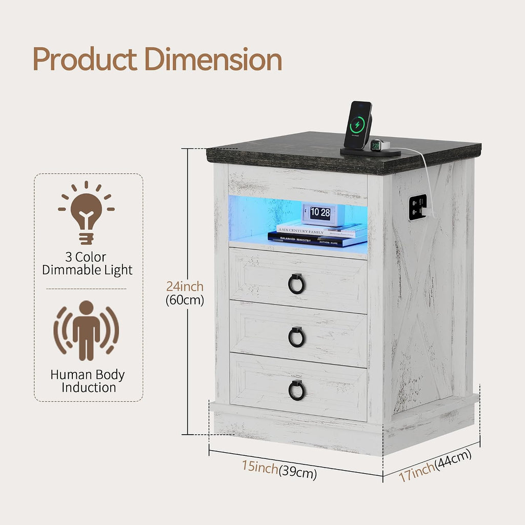 Farmhouse Nightstand with Gun Drawer Set of 2, Human Sensor LED Bedside Table with LED Lights & Charging Station